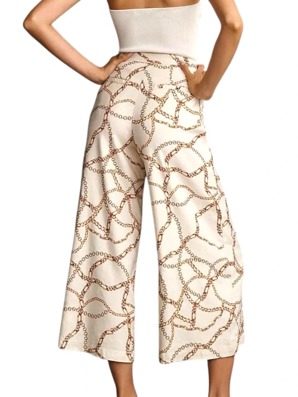 Maeve Linen Blend High-Waist Wide-Leg Chain Print Palazzo Pants 10 Cream NWT - Picture 6 of 13